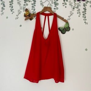 Forever 21 Sheer Cherry Red Blouse, Flowy Sleeveless V-Neck Racerback Tank Small